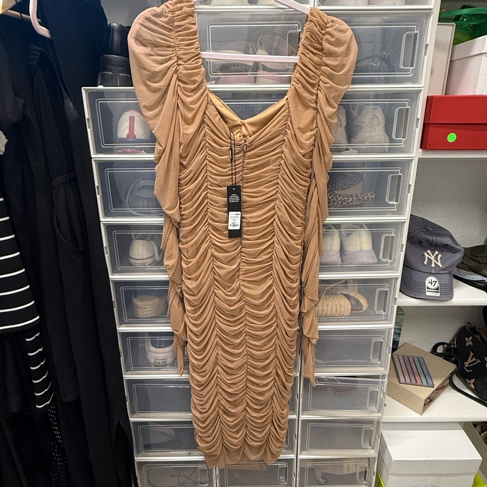 Fashion Nova Tan Long Sleeve Ruched Dress